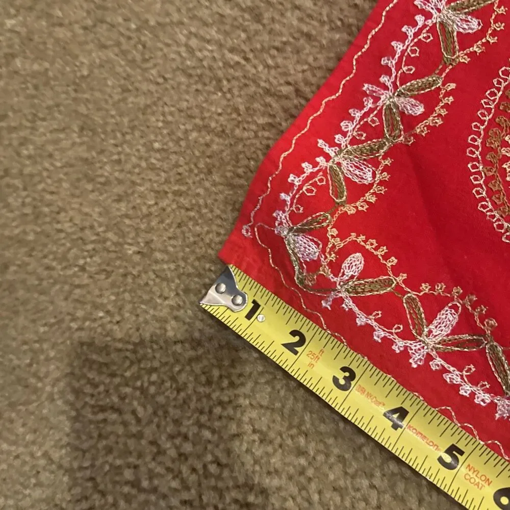 Holiday tablecloth, red gold metallic, 39”X 35”
